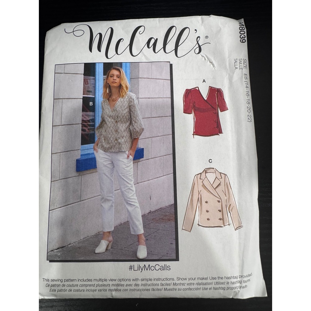 McCall's M8039 Sewing Pattern Misses Tops Sz E5 14-22 Multicolor Good V-Neck DIY